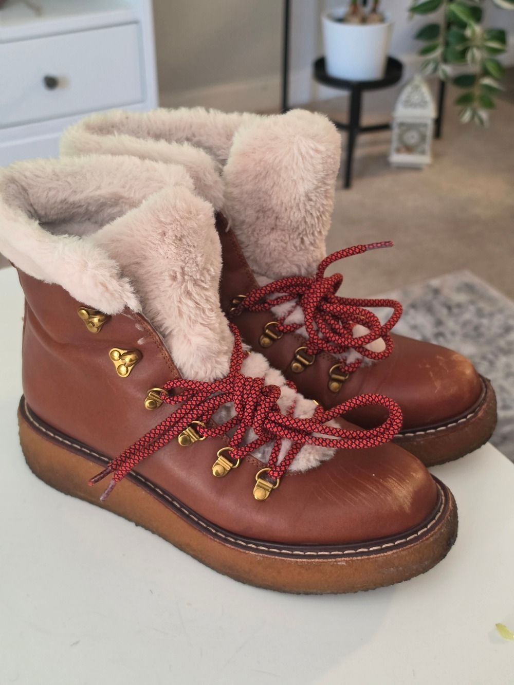 J. Crew Brown Leather Shearling-Lined Winter Boots with Red Laces Crepe Sole